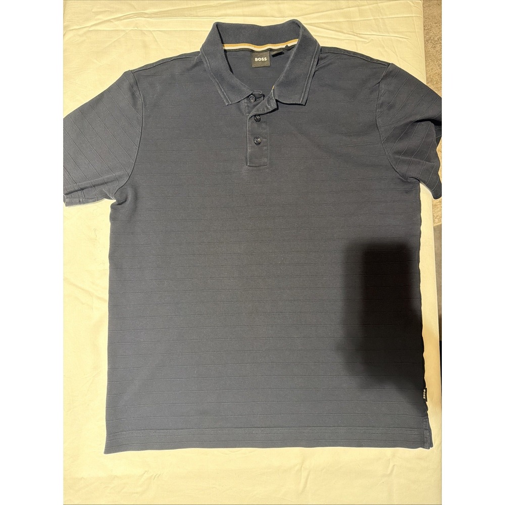 Hugo Boss Men's Striped Polo Shirt Large Navy Blue Short Sleeve Cotton Blend